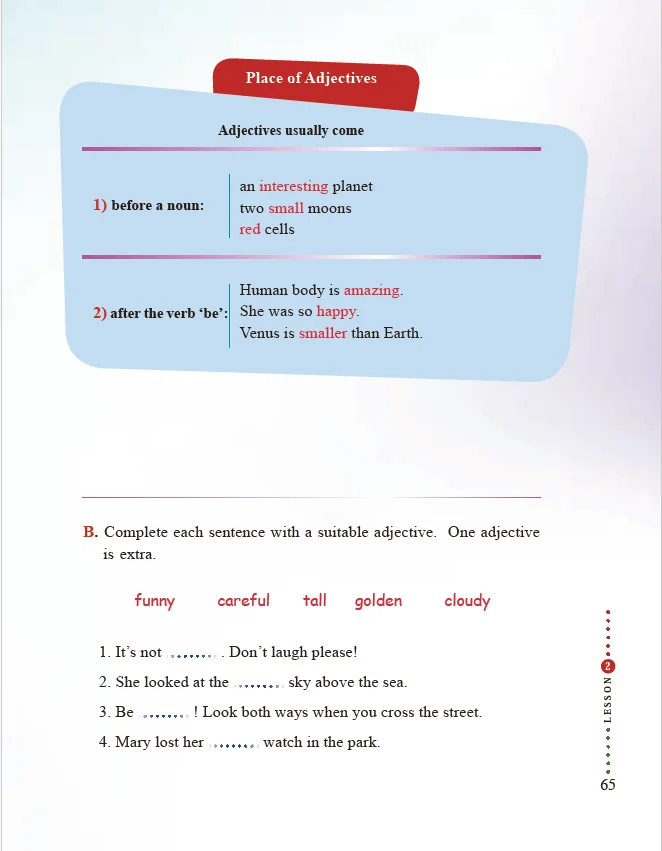 ترجمه صفحه ۶۵ زبان دهم — Place of Adjectives (جایگاه صفت‌ها)